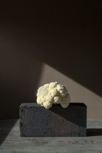 Head of Cauliflower in bright sunshine on a dark brick
