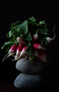 Bunch of radishes on two big pebbles